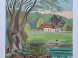une image d'une peinture d'une maison au bord de l'eau
