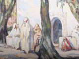 a painting of a group of people standing under a tree