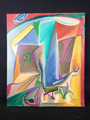 peinture représentant une œuvre abstraite aux couleurs vives sur fond noir