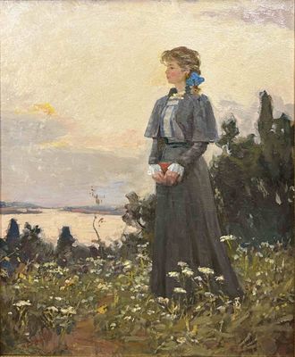 une image représentant un tableau où l'on voit une femme debout dans un champ