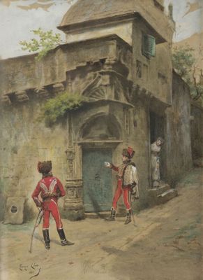 un tableau représentant deux hommes en uniforme debout devant un bâtiment