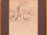 drawing of a man and a woman sitting on a bench in front of a group of people
