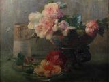 tableau représentant des fleurs dans un bol posé sur une table, à côté d'une bougie