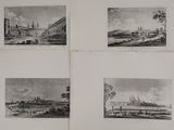 four black and white pictures of a city with buildings and a bridge