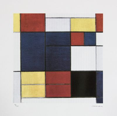 un dessin représentant un carré composé de carrés rouges, jaunes, bleus et noirs