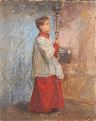 une peinture à l'huile représentant une femme en robe rouge tenant une bougie