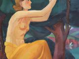 a painting of a woman holding a bird in her hand