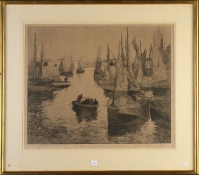 a black and white drawing of boats on the water
