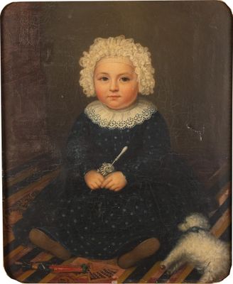 an old painting of a child in a blue dress sitting on a rug with a white dog