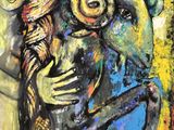 abstract painting of a woman holding a bird in her arms