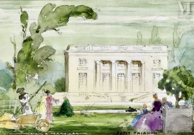 une aquarelle représentant un groupe de personnes devant un bâtiment
