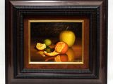 tableau représentant une nature morte composée d'une orange et d'une pomme posées sur une table