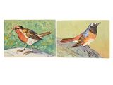 two paintings of birds sitting on top of each other