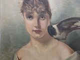 painting of a woman with a bird on her shoulder