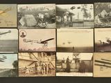 several old photos of people and airplanes are displayed on a black surface