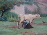 a painting of a cow being milked by a man