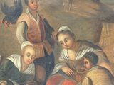 painting of a group of people sitting around a table with a bird in the background