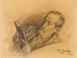 drawing of a man holding a cell phone in his right hand