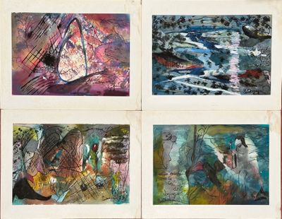 Quatre dessins de couleurs et de formes différentes sont dessinés sur une feuille de papier.