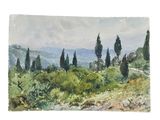 watercolor painting of a landscape with trees and hills