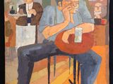 painting of a man sitting at a table with a cup of coffee in his hand