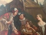 painting of a group of people sitting around a woman in a red dress