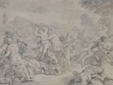 drawing of a group of men and women in a wooded setting