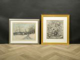 two framed paintings on a wooden floor in front of a black wall