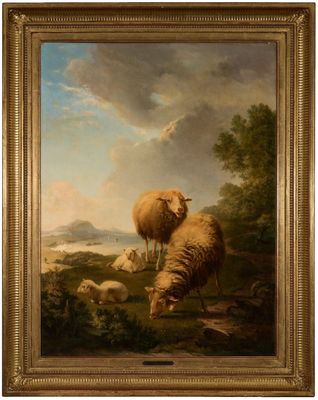 tableau représentant des moutons et des agneaux dans un paysage au bord d'une rivière