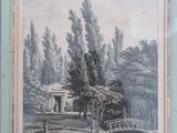an old picture of a house in a wooded area with trees and a bridge