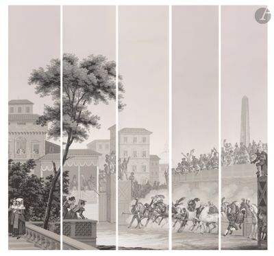 quatre panneaux d'un tableau représentant une scène urbaine avec des personnages à cheval