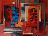 une photo d'un tableau aux couleurs variées posé sur une table