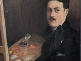 portrait d'un homme tenant une palette et un pinceau devant un chevalet