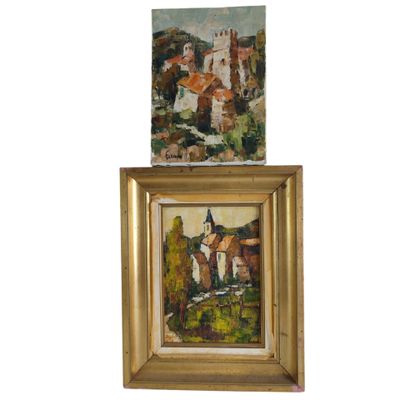 deux tableaux représentant un village et une église, dans un cadre doré