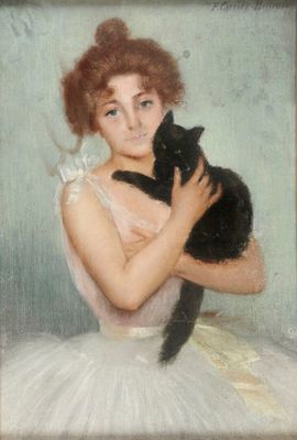 un tableau représentant une femme tenant un chat dans ses bras
