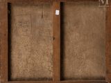 an old wooden frame with a drawing of a cat on it