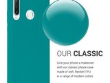 the back of a teal colored phone case with the text our classic