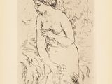an old drawing of a woman standing in a field of grass