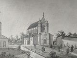 a drawing of a church with a clock on the front