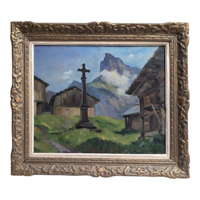 ECOLE SAVOYARDE début XXème Le calvaire devant les montagnes