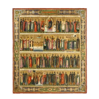 un tableau représentant une étagère sur laquelle sont disposés de nombreux objets religieux