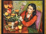 tableau représentant une femme assise à une table avec un vase de fleurs