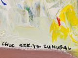 a painting of a yellow and red bird on a white background