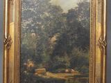 un tableau représentant un paysage boisé avec des vaches qui paissent dans un pré