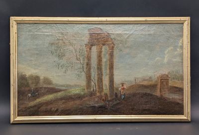 un vieux tableau représentant un homme debout devant un bâtiment