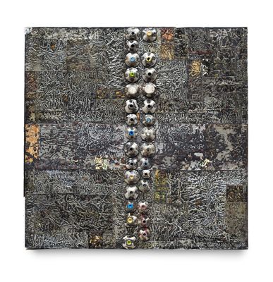 an abstract painting of a cross made out of metal balls