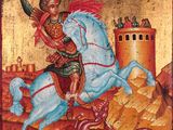 an image of a painting of a man on a horse with a dragon