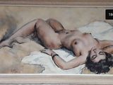 a painting of a nude woman laying on a bed