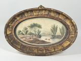 an old picture of a painting of a landscape in a wooden frame