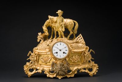 Pendule de cheminée en bronze et régule doré à sujet pastora…